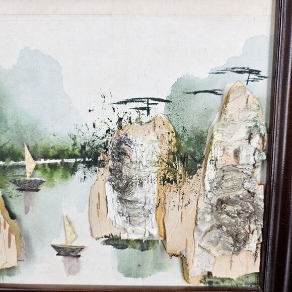 Vintage 3D Mixed Media Landscape Art Framed Original Boats Cliffs Trees 8x6 - Picture 4 of 12